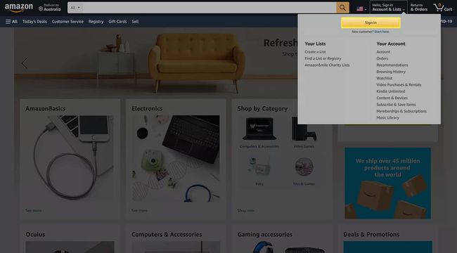 Butonul de conectare evidențiat pe site-ul Amazon.