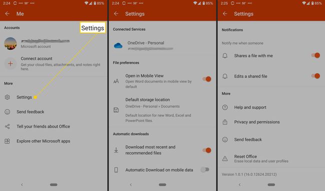 Instellingen voor Office-apps in Android.