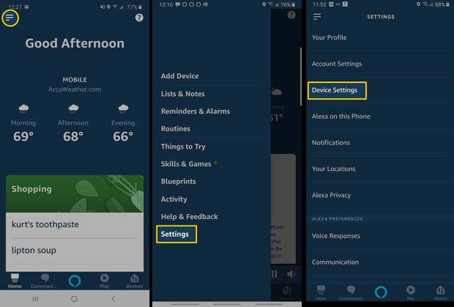 Snímky obrazovky ukazující umístění možnosti Nastavení zařízení v aplikaci Alexa.