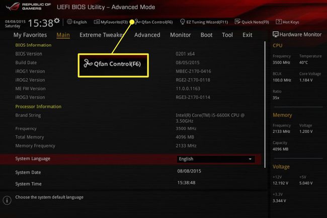 لقطة شاشة لقائمة Asus BIOS مع تمييز Fan Control