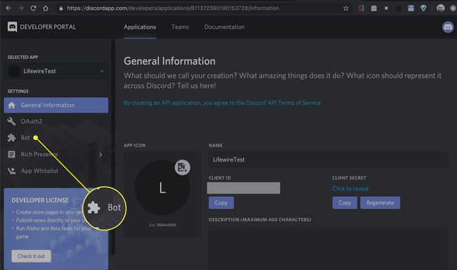 captura de pantalla de la pantalla de información general en Discord Developer Portal