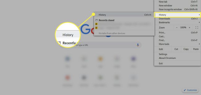 El menú Historial en la configuración de Chrome