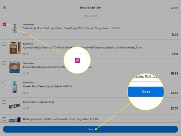 Ein Kontrollkästchen und die Schaltfläche Weiter in der Walmart-App