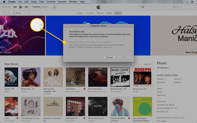 「ファイルの再編成」ボックスが強調表示されたiTunesの「ライブラリの整理」ウィンドウ