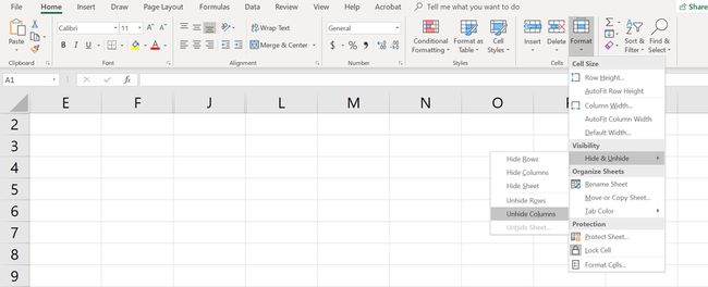 „Excel“ skaičiuoklė su meniu Formatas pasirinkta Rodyti stulpelius