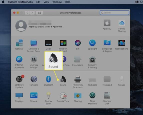 macOS 시스템 환경설정에서 강조 표시된 사운드 아이콘