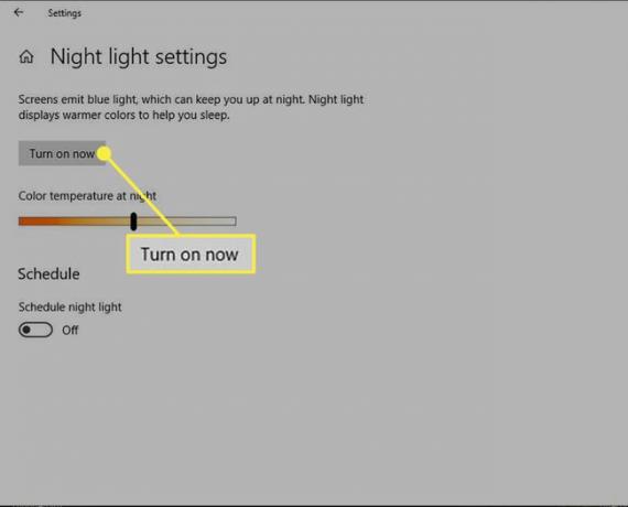 Windows 10 Gece Işığı ayarlarında " şimdi aç" düğmesi