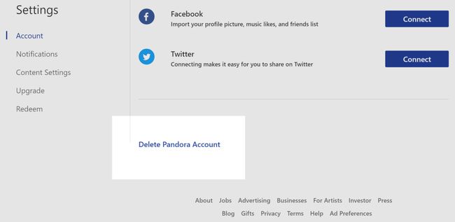Pandoraの公式ウェブサイトのアカウント削除オプション