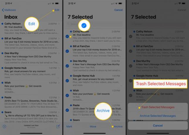 iOSメールアプリの[選択したメッセージの編集]、[アーカイブ]、および[ゴミ箱]ボタンを示す3つの画面