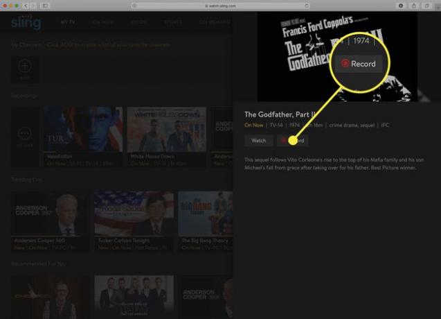 Sustabdžius DVR įrašymą, „Sling“ TV laidos informacijos ekrano kopija.