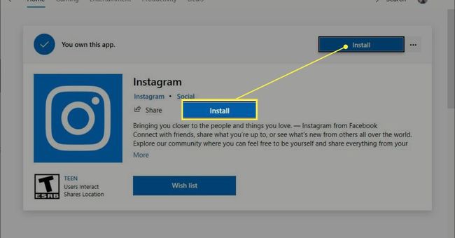Кнопка установки для приложения Instagram в Microsoft Store