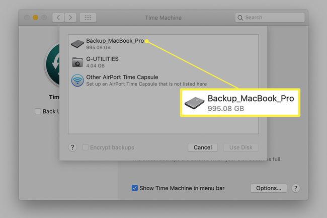 تعرض تفضيلات Time Machine محركات الأقراص المتوفرة على Mac