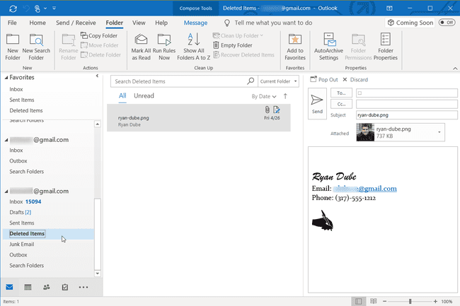 Screenshot der Auswahl des Ordners „Gelöschte Elemente“ in Outlook