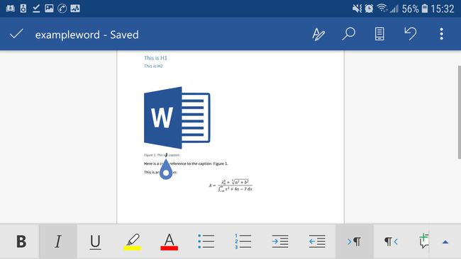 Snímek obrazovky aplikace Word pro Android