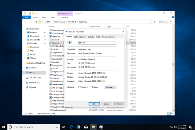 Propriedades do arquivo Lsass.exe no Windows 10