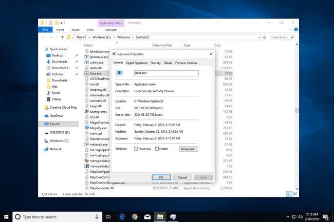 Lastnosti datoteke Lsass.exe v sistemu Windows 10