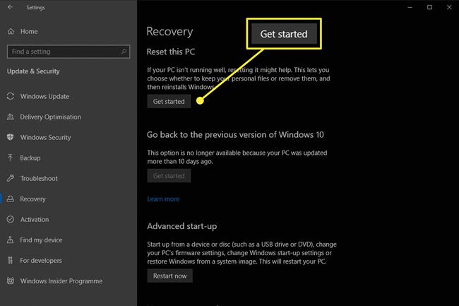Il pulsante Inizia all'interno di Recovery su Windows 10.