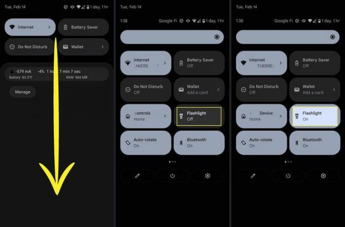 Folosind tigla din Setări rapide pe Android pentru a porni lanterna.