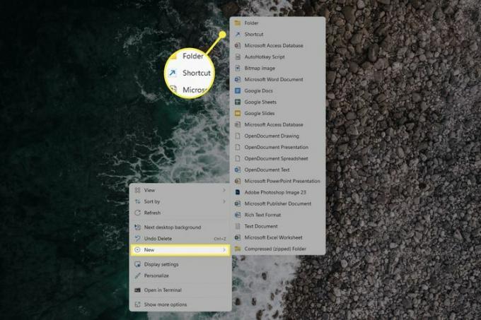 Nové položky a položky místní nabídky zvýrazněné na ploše Windows 11.