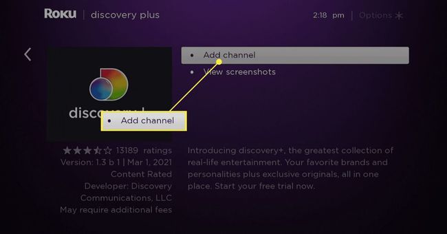 Gumb Dodaj kanal na Roku za Discovery Plus