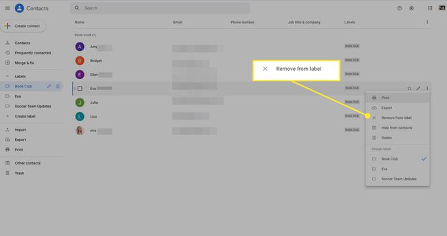 Grupo de contatos do Google com Remover do rótulo destacado