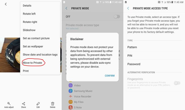 Kuvakaappauksia Samsungin Private Mode -ominaisuudesta