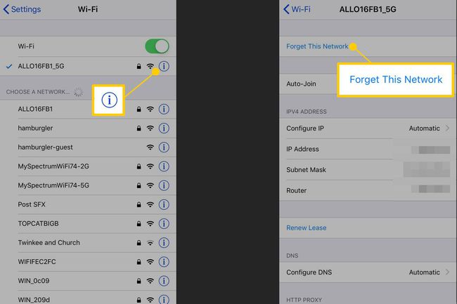 Wi-Fi情報アイコンとForgetThisNetworkコマンドを示すiPhoneのスクリーンショット