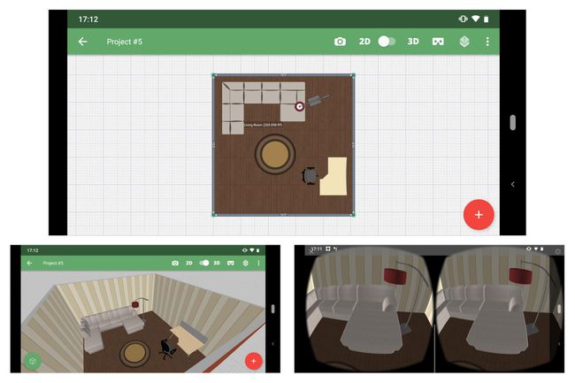 3 snímky obrazovky: (Nahoře) 2D rozložení půdorysu; (Vlevo dole) 3D pohled na místnost; (Vpravo dole) Zobrazení virtuální reality Google Cardboard