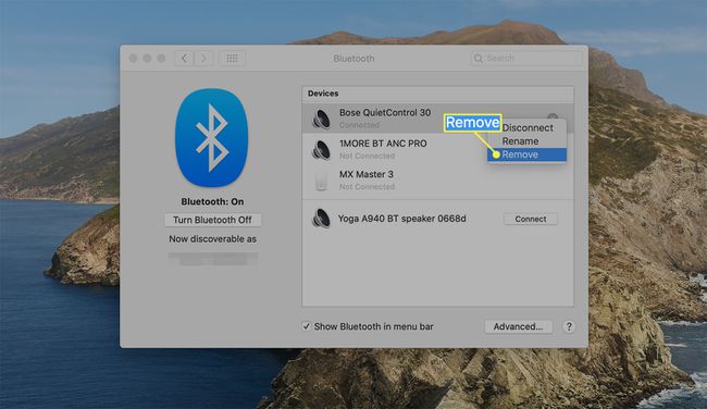 macOS Bluetooth 환경설정에서 장치의 페어링을 해제하는 옵션 제거