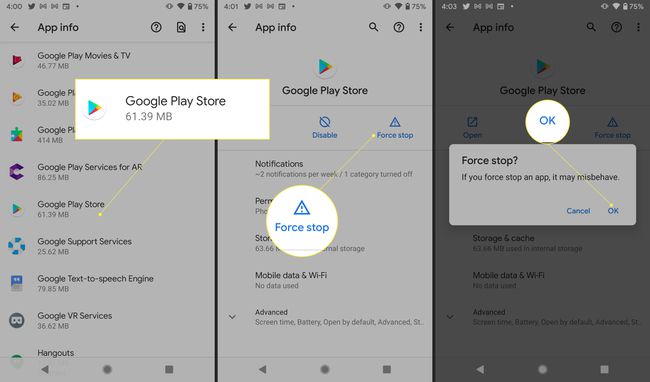 A Google Play beállításai a Force Stop és az OK elemmel