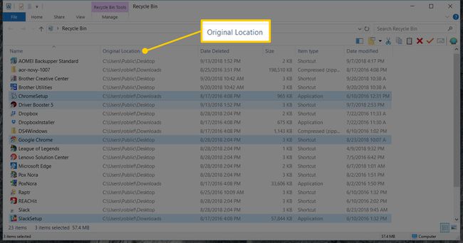 Ayrıntılar görünümünde Orijinal Konumu vurgulayan WIndows 10 Geri Dönüşüm Kutusu ekran görüntüsü