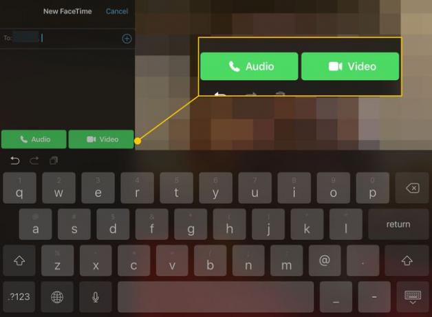 Sesli ve Görüntülü arama düğmeleri vurgulanmış olarak iPad'de FaceTime