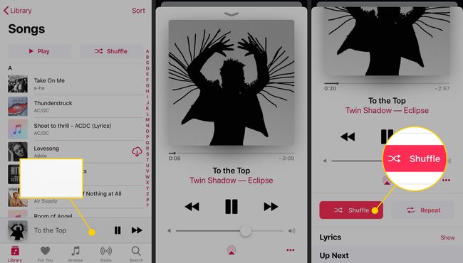 A opção shuffle em Música em um iPhone