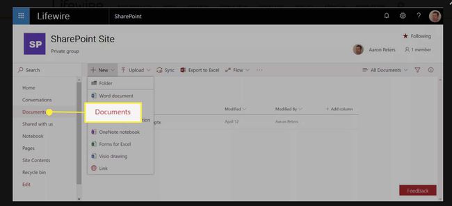 SharePoint Sitesi penceresinde, sol bölmede " Belgeler" öğesini seçin.