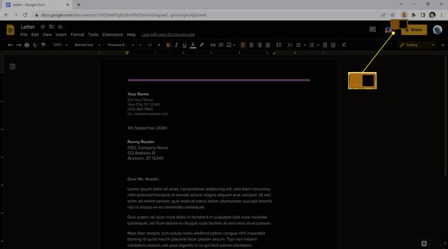 การสลับ Google Docs in Dark ที่ไฮไลต์ใน Chrome