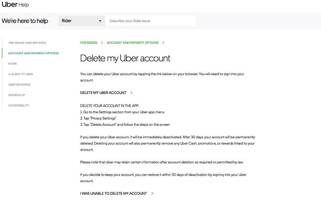 Веб-страница удаления учетной записи Uber
