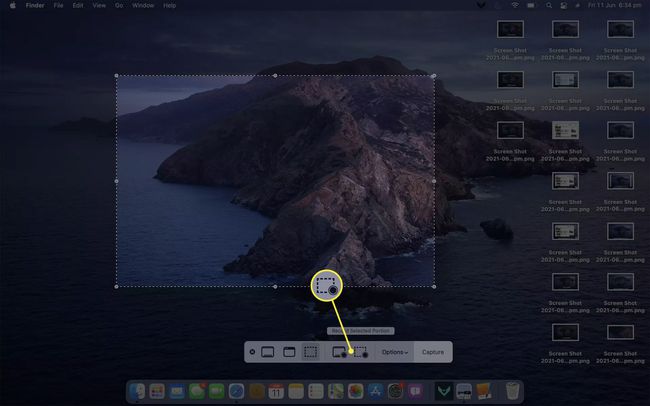 Mac Screenshot -sovellus MacBook Airissa ja Record Selected Portion -vaihtoehto valittuna