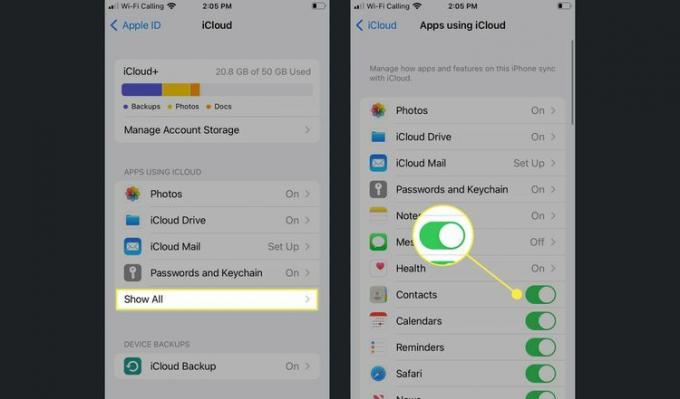 iPhone の iCloud 設定内から iCloud 連絡先がオンになっていることを確認する手順。