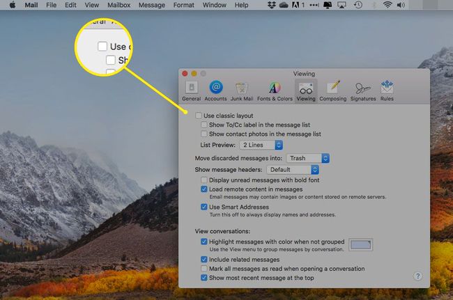 OS X Mail -asetusten katseluruutu, jossa " käytä klassista asettelua" -kohdan vieressä oleva ruutu on korostettu