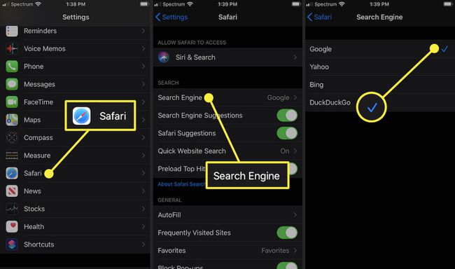 Safari、検索エンジン、チェックマークが強調表示されたiPhoneの設定アプリ