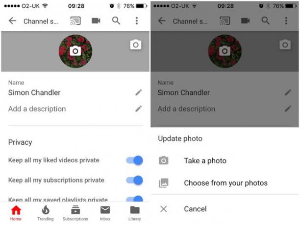 Screenshot van een YouTube-profielfoto die wordt gewijzigd via de mobiele YouTube-app