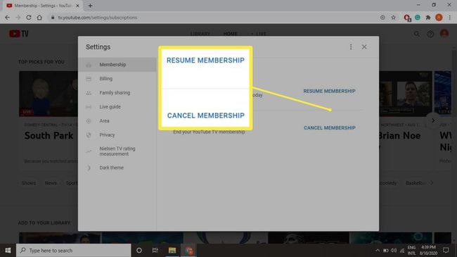 Une capture d'écran des boutons sur lesquels cliquer pour reprendre ou annuler votre abonnement sur tv.youtube.com.