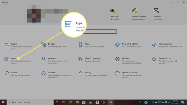 Configuración de Windows 10 con la sección Aplicaciones resaltada