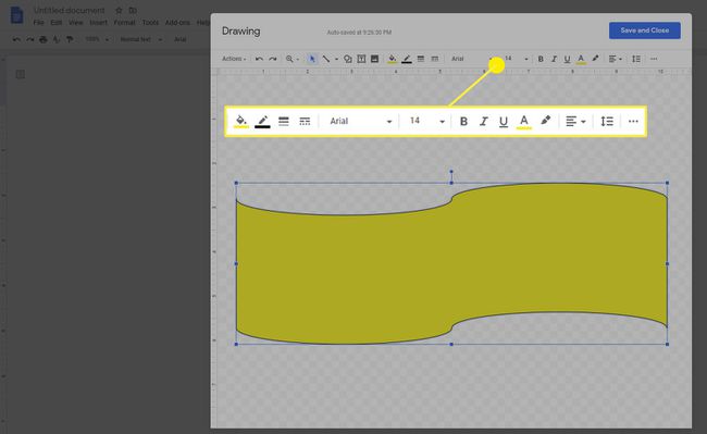A barra de ferramentas de contexto de forma no recurso de desenho do Google Docs.