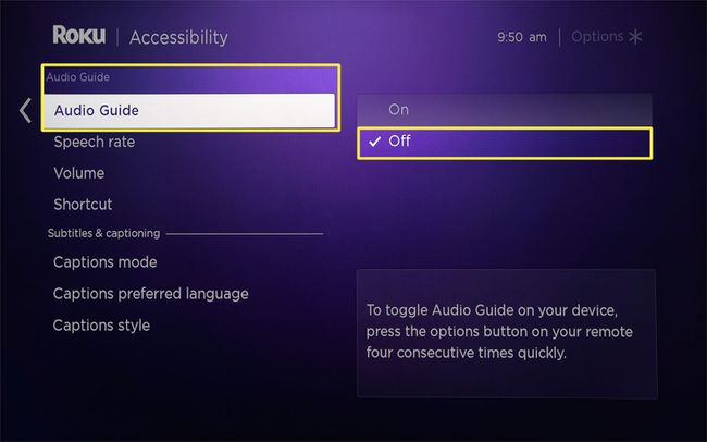 Funkce Audio Guide je nastavena na Vypnuto z nastavení Roku Accessibility.