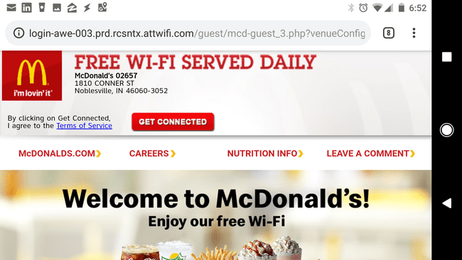 Página de conexión Wi-Fi móvil de McDonald's