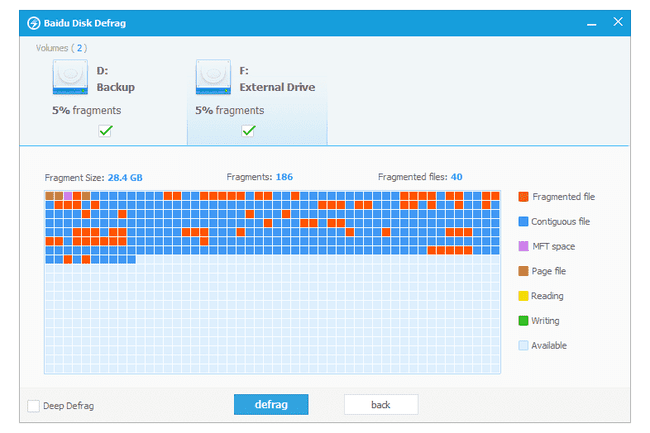 Snímek obrazovky programu defragmentace pevného disku Baidu PC Faster