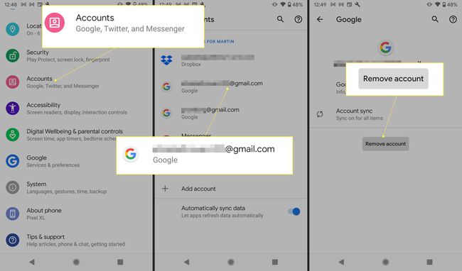 Android-beállítások Fiók, Gmail-fiók és " Fiók eltávolítása" kiemeléssel