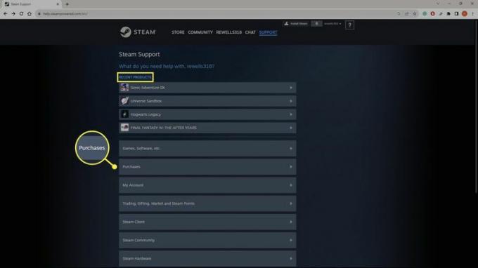 A Legutóbbi vásárlások fejléc kiemelve, valamint a Vásárlások hivatkozás a Steam webhelyén asztali böngészőben.