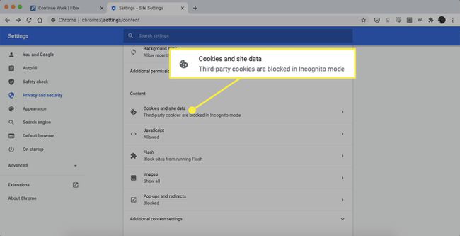 El encabezado Cookies y datos del sitio